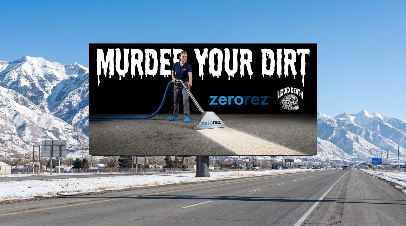 MURDER YOUR DIRT: a Zerorez technician cleaning carpet, on an I-15 Wasatch billboard