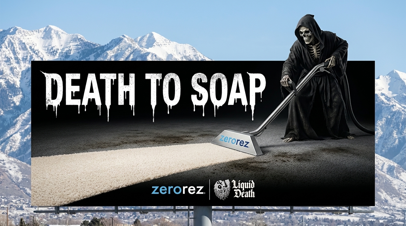 DEATH TO SOAP: the Liquid Death reaper cleaning carpet, on an I-15 Wasatch billboard